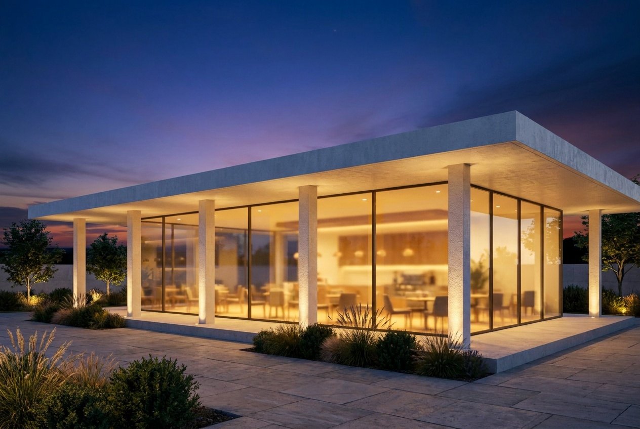 Glass pavilion cafe, rendered