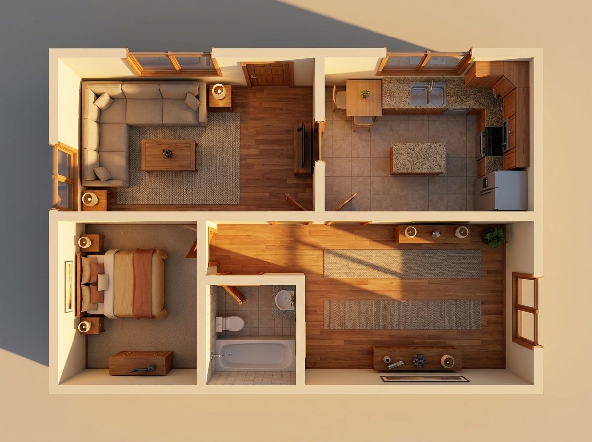 Floor plan and its 3D render, rendered