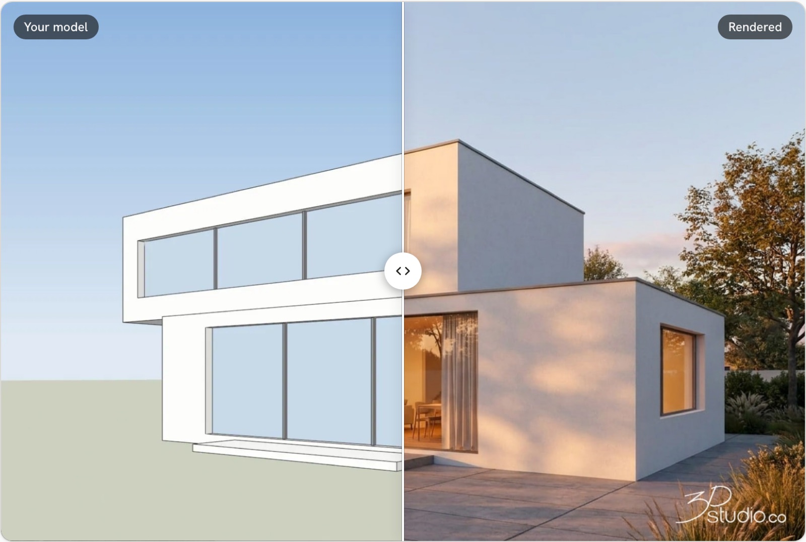 Before and after: a SketchUp-style model and the render of it.