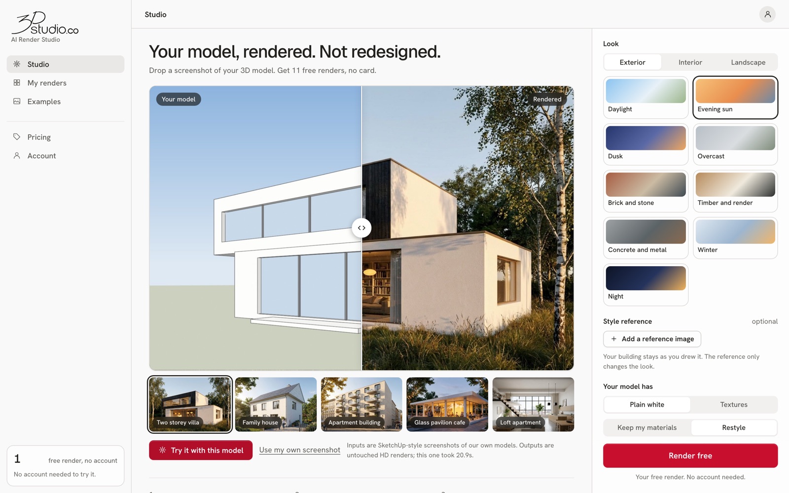 The studio with the exterior looks and the before and after slider.